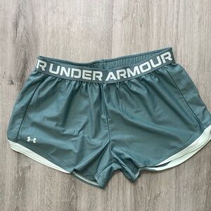 Under Armour Women's Teal-Green Athletic Shorts with Logo Waistband